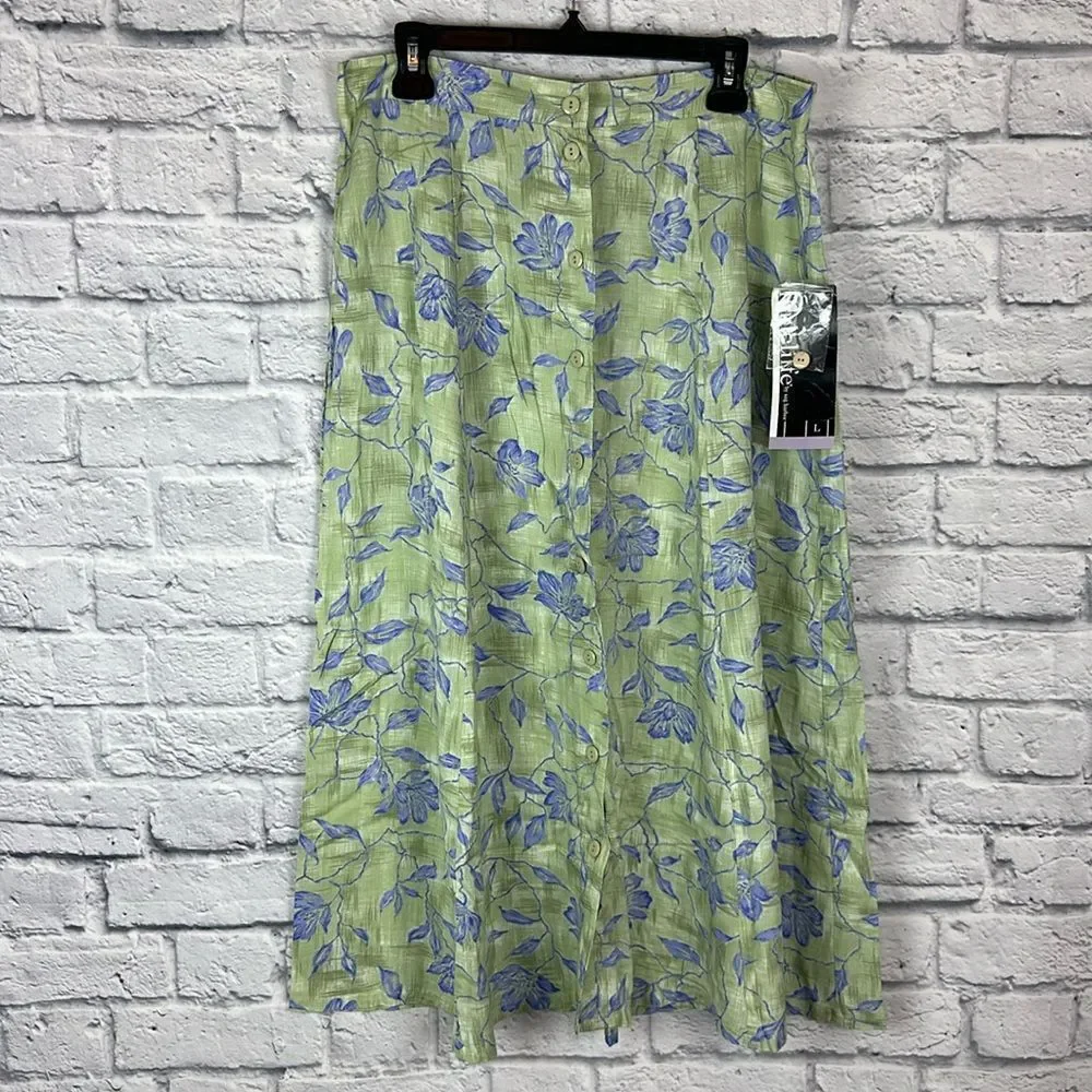Vintage Sag Harbor Green Floral Midi Skirt Size L Buttondown 80's NWT